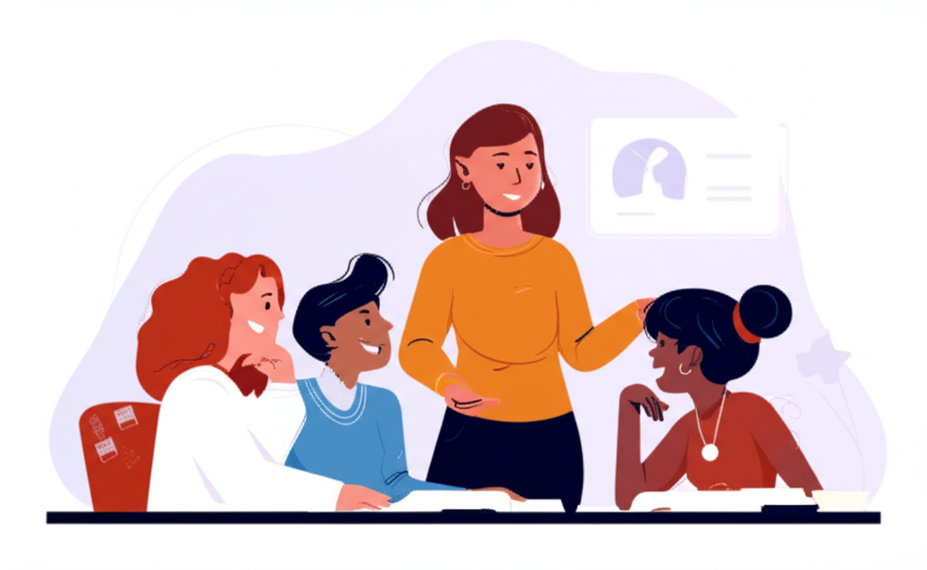 Illustration of a facilitator mentoring students